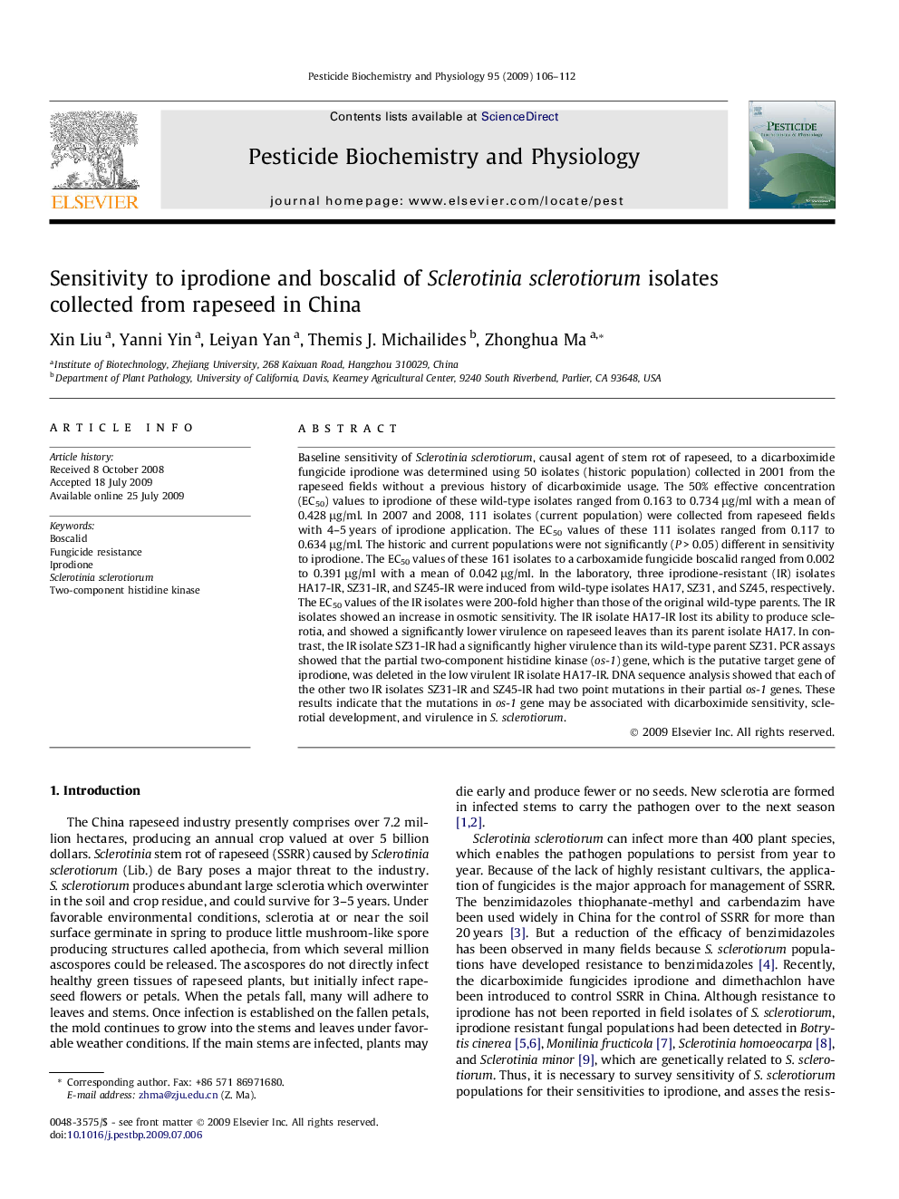 Sensitivity to iprodione and boscalid of Sclerotinia sclerotiorum isolates collected from rapeseed in China