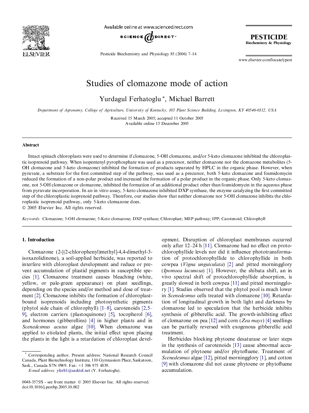 Studies of clomazone mode of action