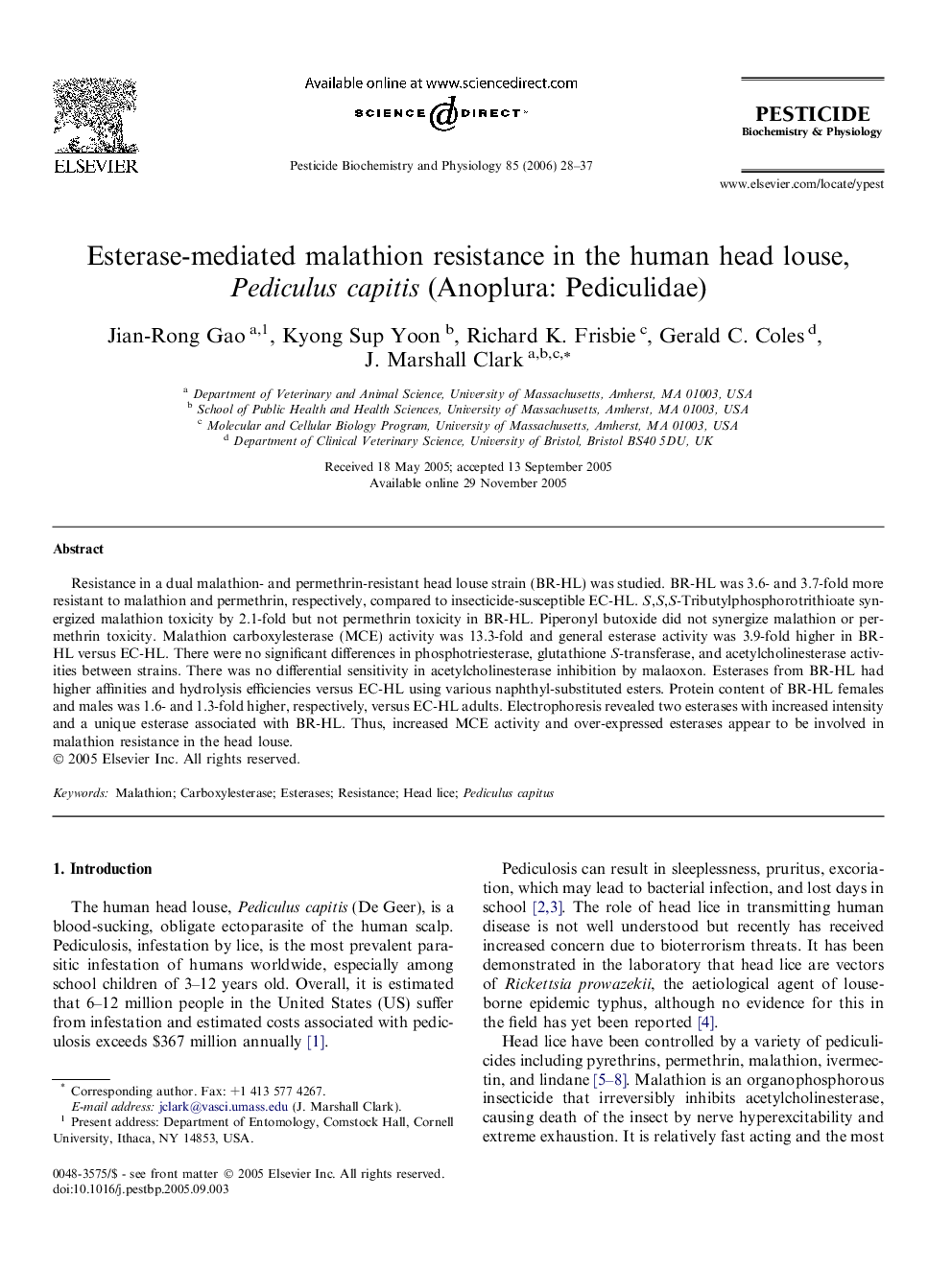 Esterase-mediated malathion resistance in the human head louse, Pediculus capitis (Anoplura: Pediculidae)