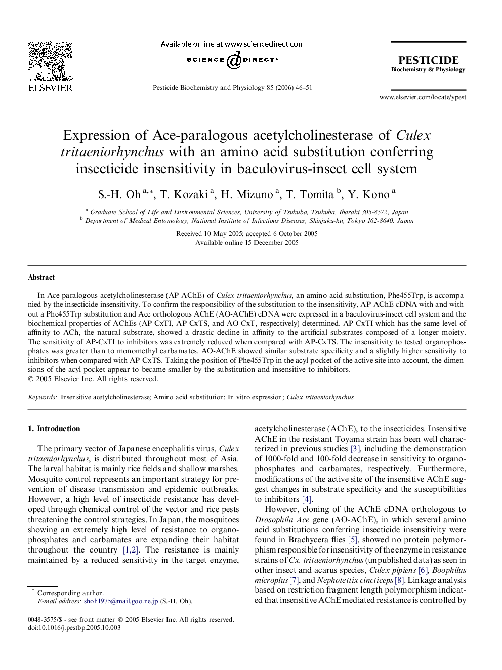 Expression of Ace-paralogous acetylcholinesterase of Culex tritaeniorhynchus with an amino acid substitution conferring insecticide insensitivity in baculovirus-insect cell system