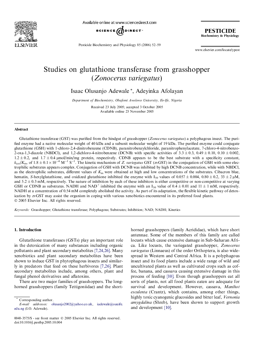 Studies on glutathione transferase from grasshopper (Zonocerus variegatus)