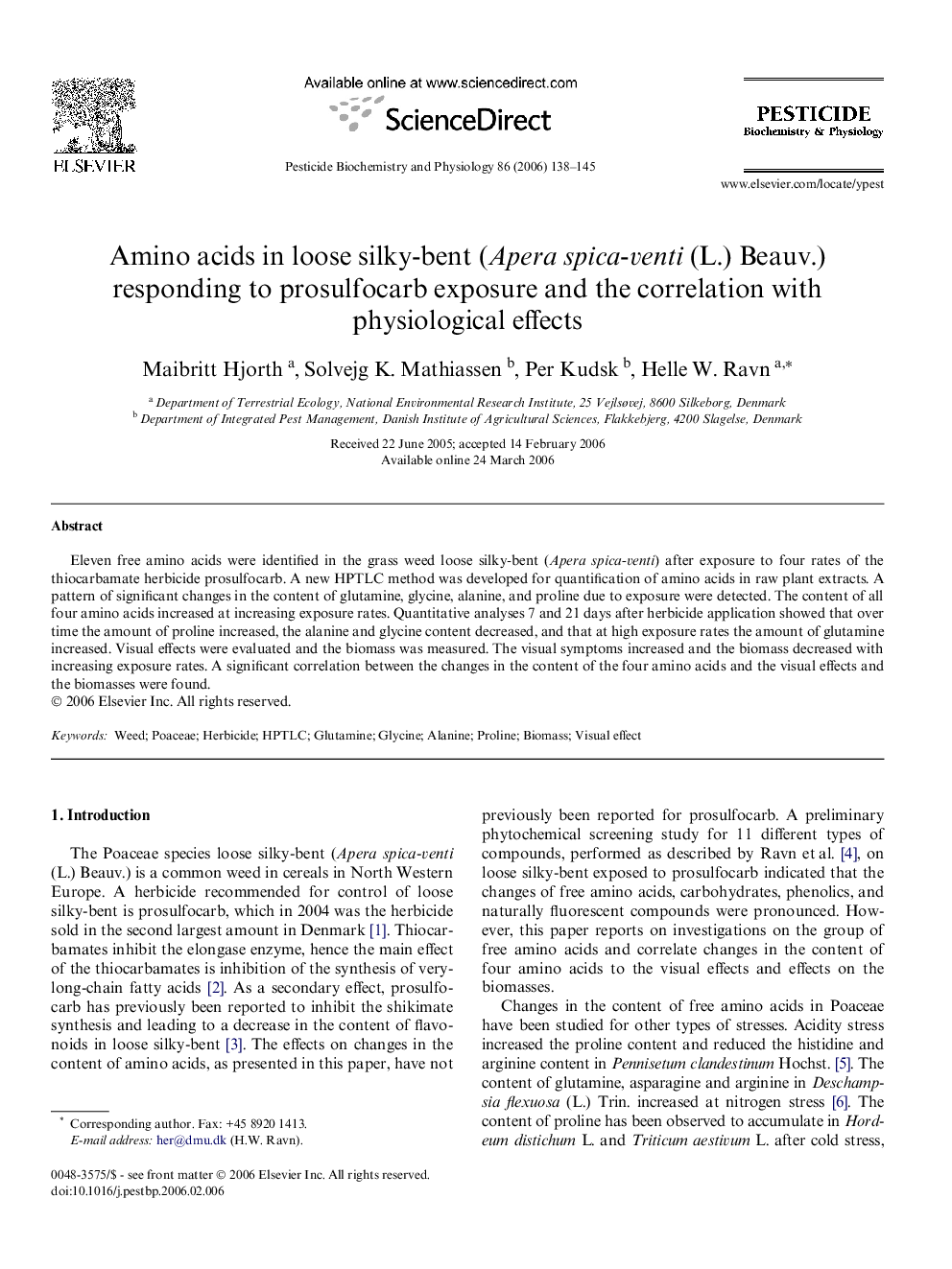 Amino acids in loose silky-bent (Apera spica-venti (L.) Beauv.) responding to prosulfocarb exposure and the correlation with physiological effects