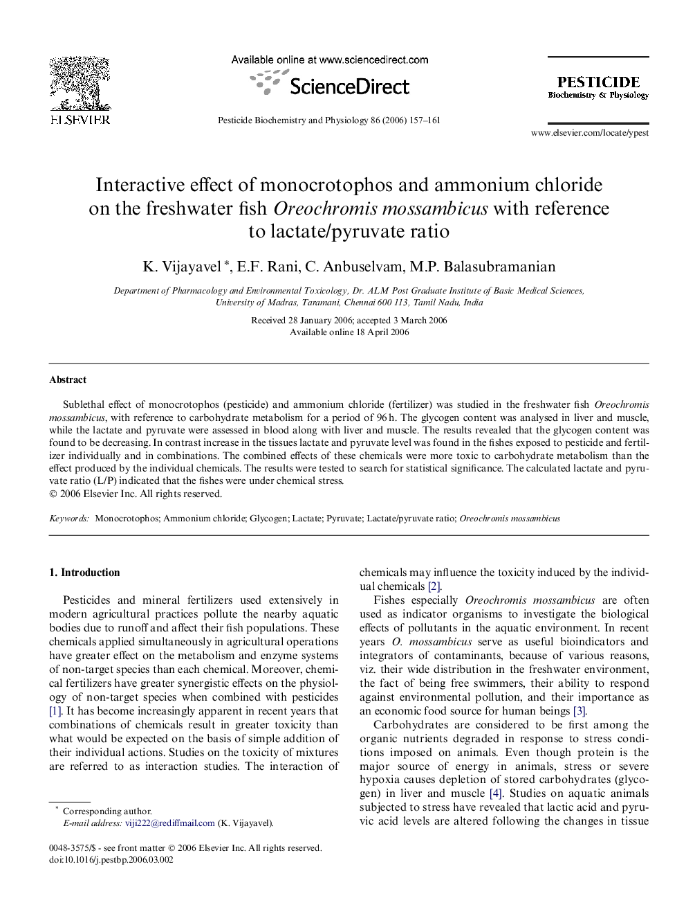 Interactive effect of monocrotophos and ammonium chloride on the freshwater fish Oreochromis mossambicus with reference to lactate/pyruvate ratio