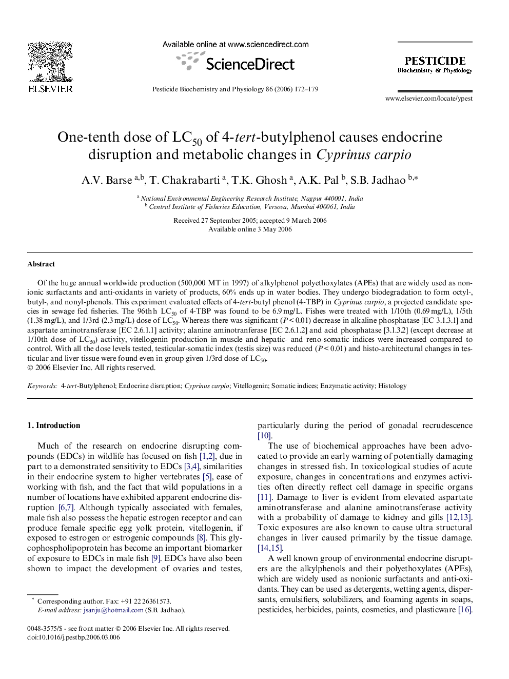 One-tenth dose of LC50 of 4-tert-butylphenol causes endocrine disruption and metabolic changes in Cyprinus carpio