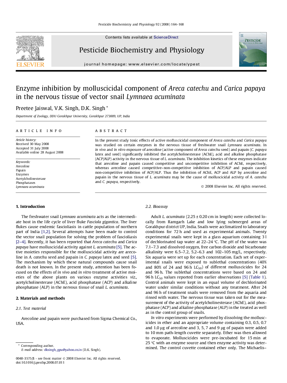 Enzyme inhibition by molluscicidal component of Areca catechu and Carica papaya in the nervous tissue of vector snail Lymnaea acuminata