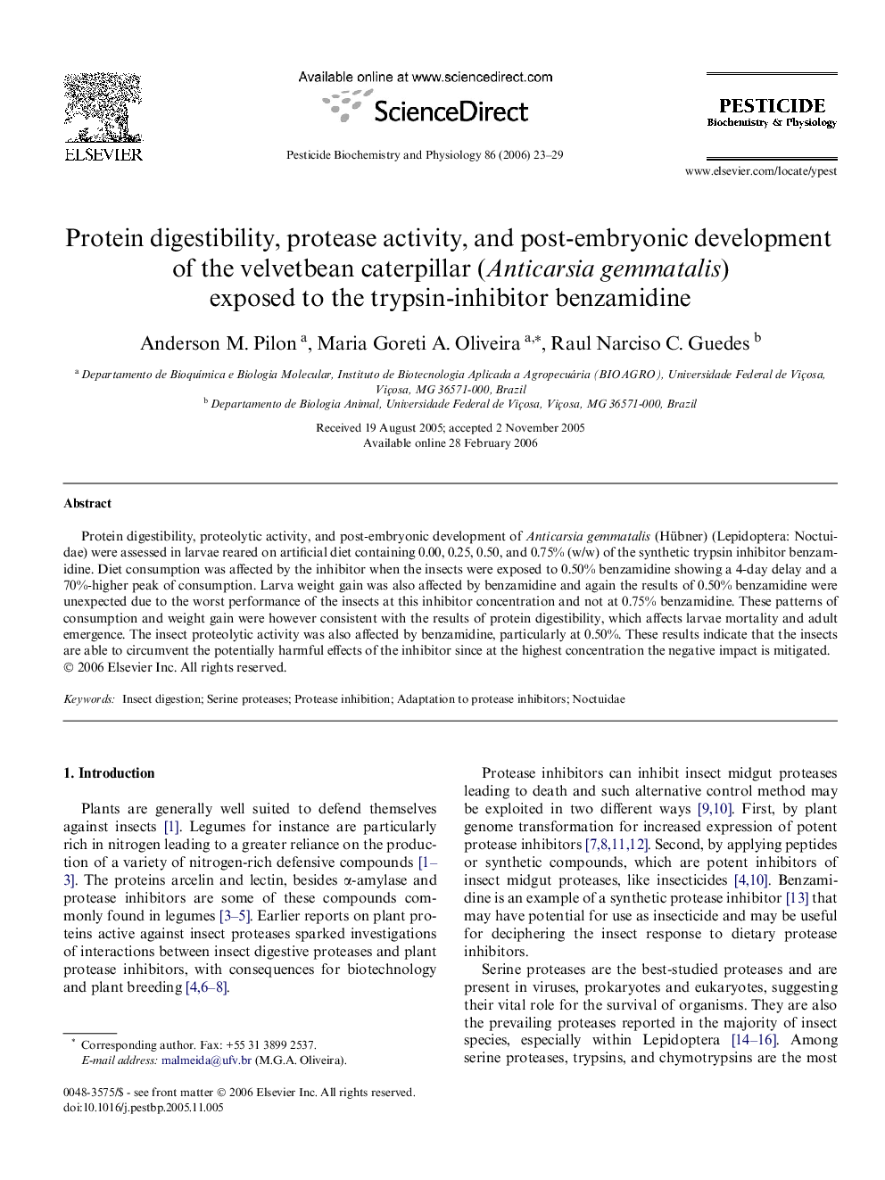 Protein digestibility, protease activity, and post-embryonic development of the velvetbean caterpillar (Anticarsia gemmatalis) exposed to the trypsin-inhibitor benzamidine