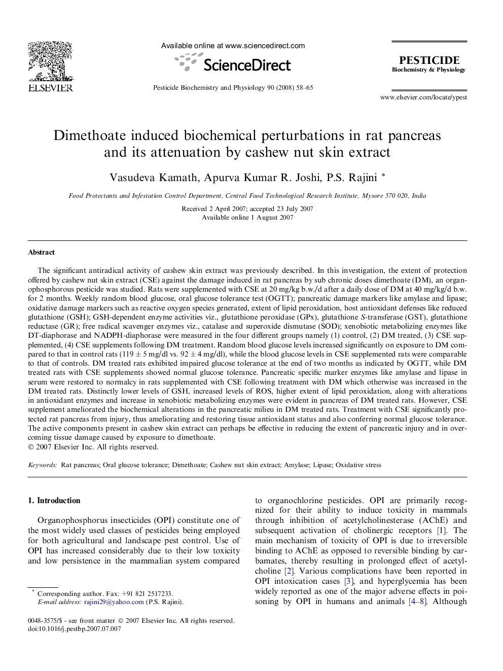 Dimethoate induced biochemical perturbations in rat pancreas and its attenuation by cashew nut skin extract