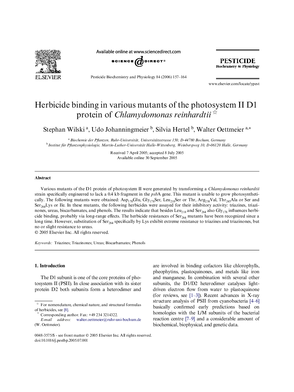 Herbicide binding in various mutants of the photosystem II D1 protein of Chlamydomonas reinhardtii 