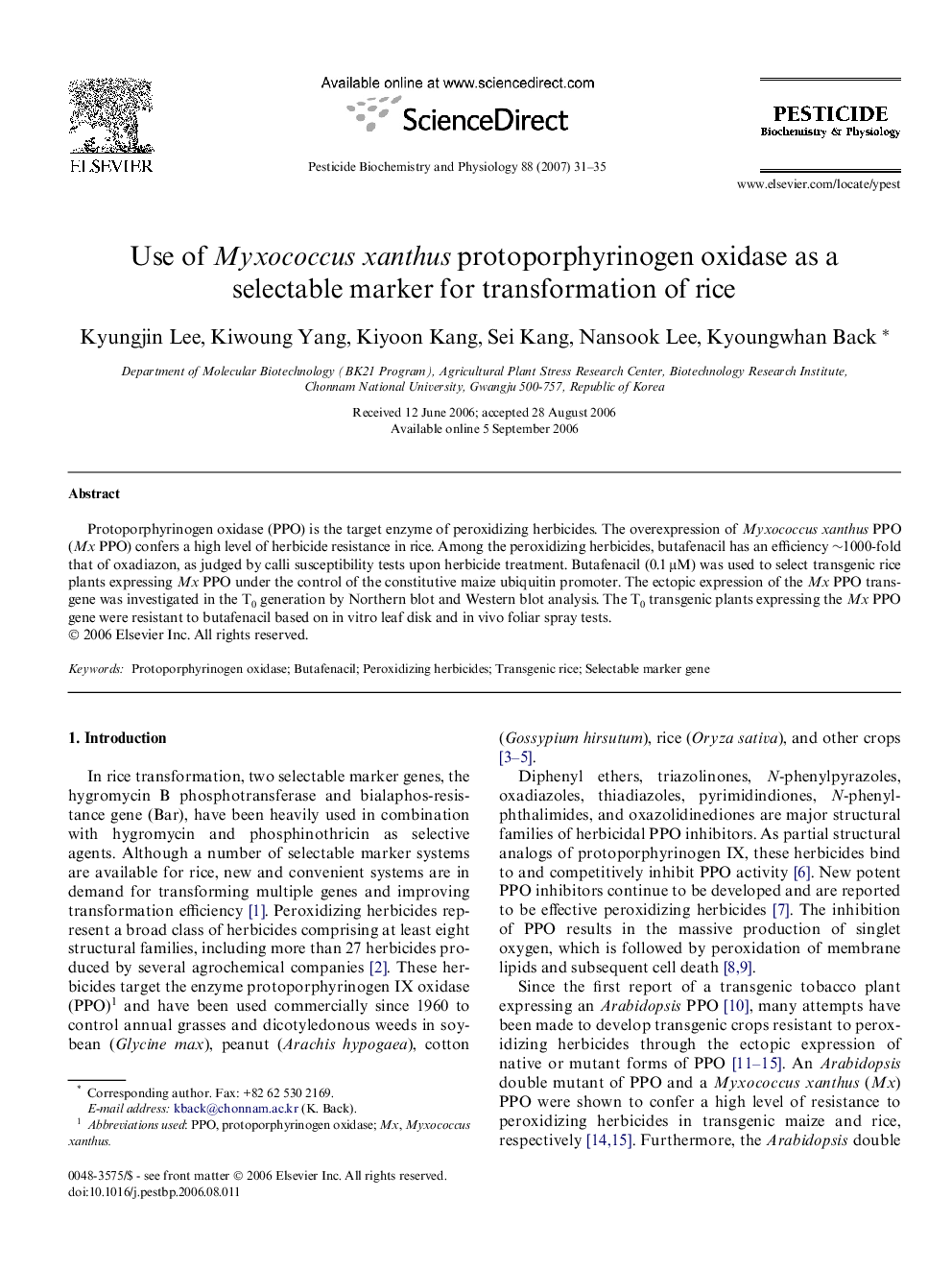 Use of Myxococcus xanthus protoporphyrinogen oxidase as a selectable marker for transformation of rice