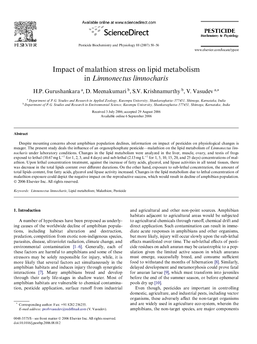 Impact of malathion stress on lipid metabolism in Limnonectus limnocharis