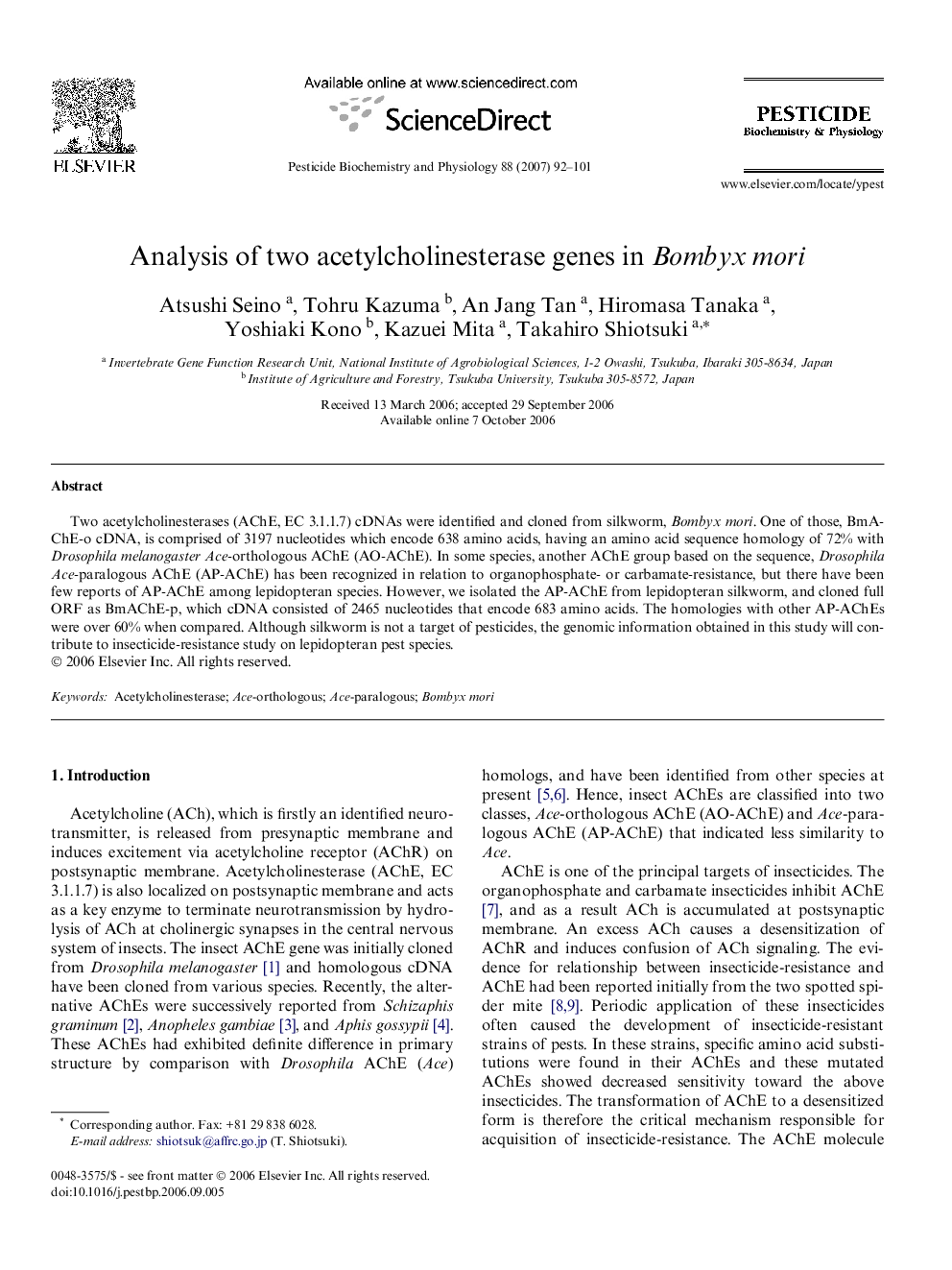 Analysis of two acetylcholinesterase genes in Bombyx mori