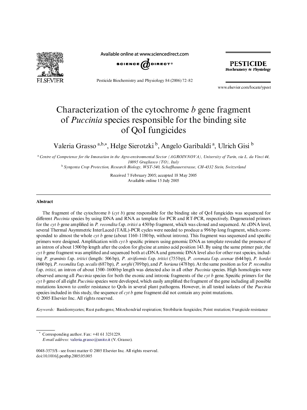 Characterization of the cytochrome b gene fragment of Puccinia species responsible for the binding site of QoI fungicides