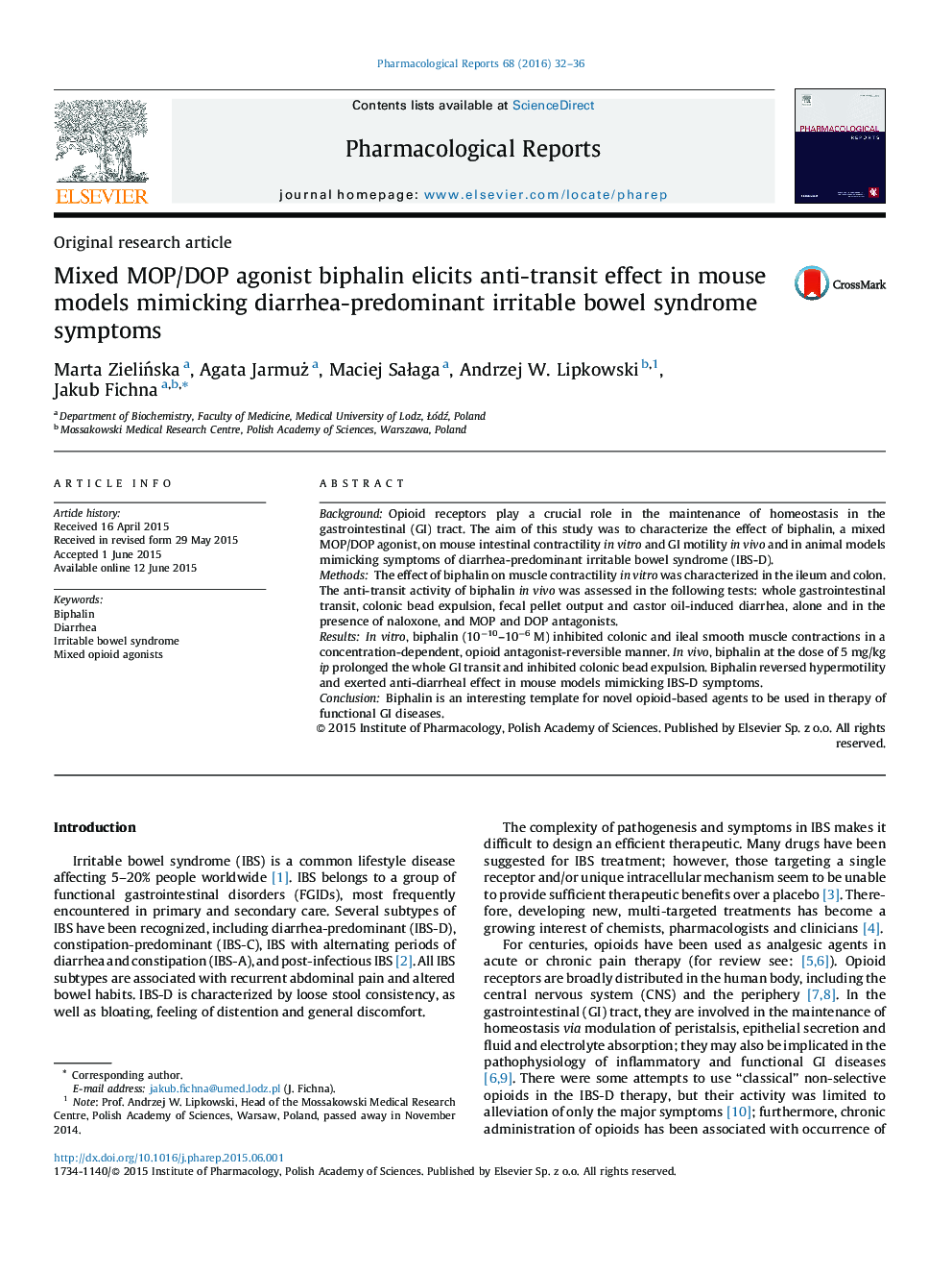 Mixed MOP/DOP agonist biphalin elicits anti-transit effect in mouse models mimicking diarrhea-predominant irritable bowel syndrome symptoms