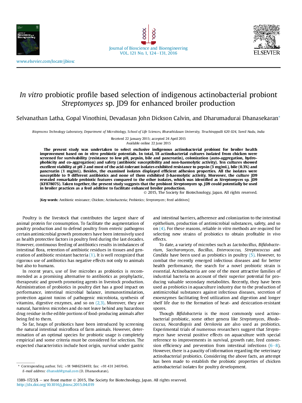 In vitro probiotic profile based selection of indigenous actinobacterial probiont Streptomyces sp. JD9 for enhanced broiler production