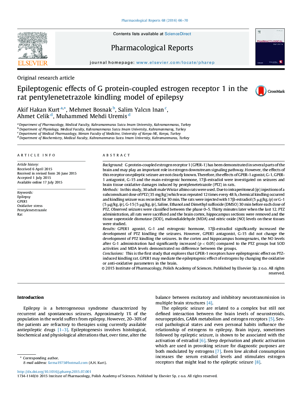 Epileptogenic effects of G protein-coupled estrogen receptor 1 in the rat pentylenetetrazole kindling model of epilepsy
