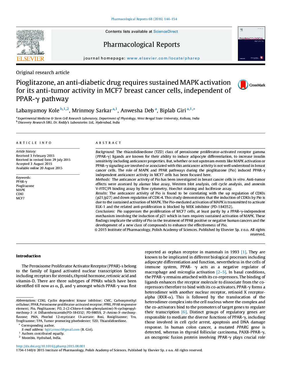 Pioglitazone, an anti-diabetic drug requires sustained MAPK activation for its anti-tumor activity in MCF7 breast cancer cells, independent of PPAR-γ pathway