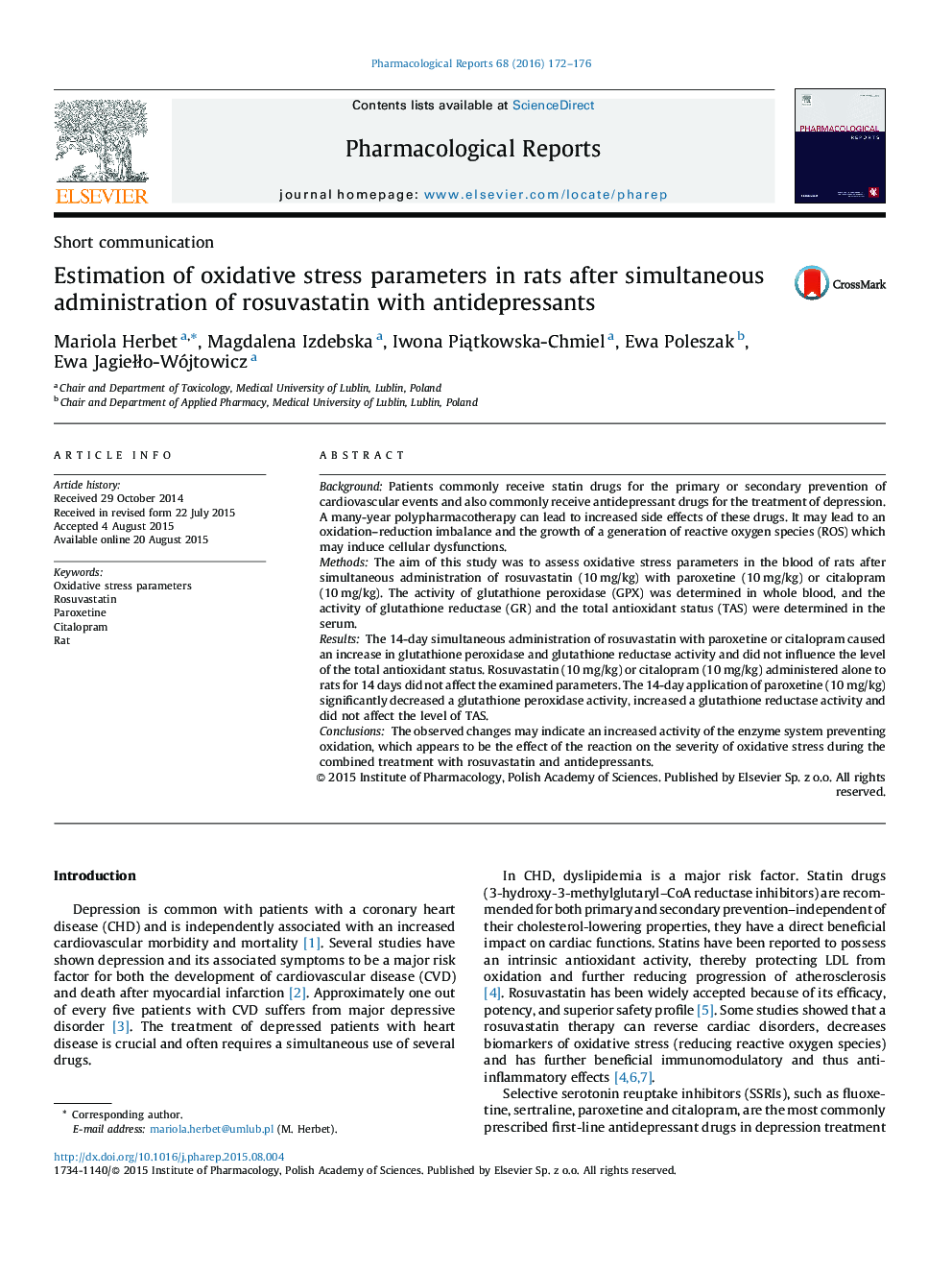 Estimation of oxidative stress parameters in rats after simultaneous administration of rosuvastatin with antidepressants