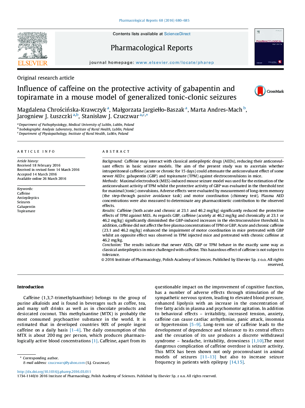 Influence of caffeine on the protective activity of gabapentin and topiramate in a mouse model of generalized tonic-clonic seizures