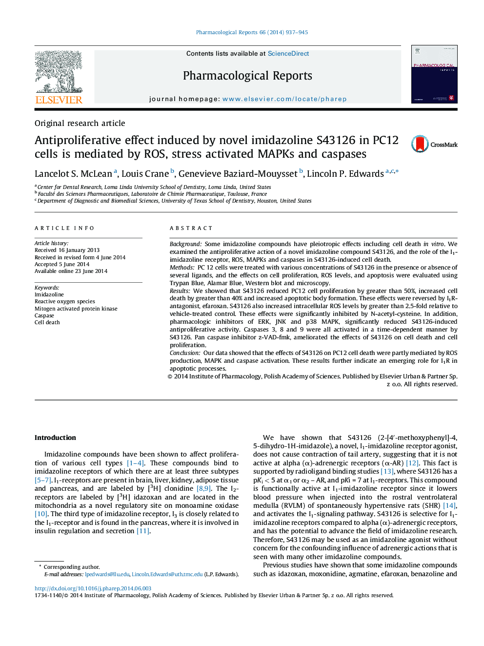 Antiproliferative effect induced by novel imidazoline S43126 in PC12 cells is mediated by ROS, stress activated MAPKs and caspases