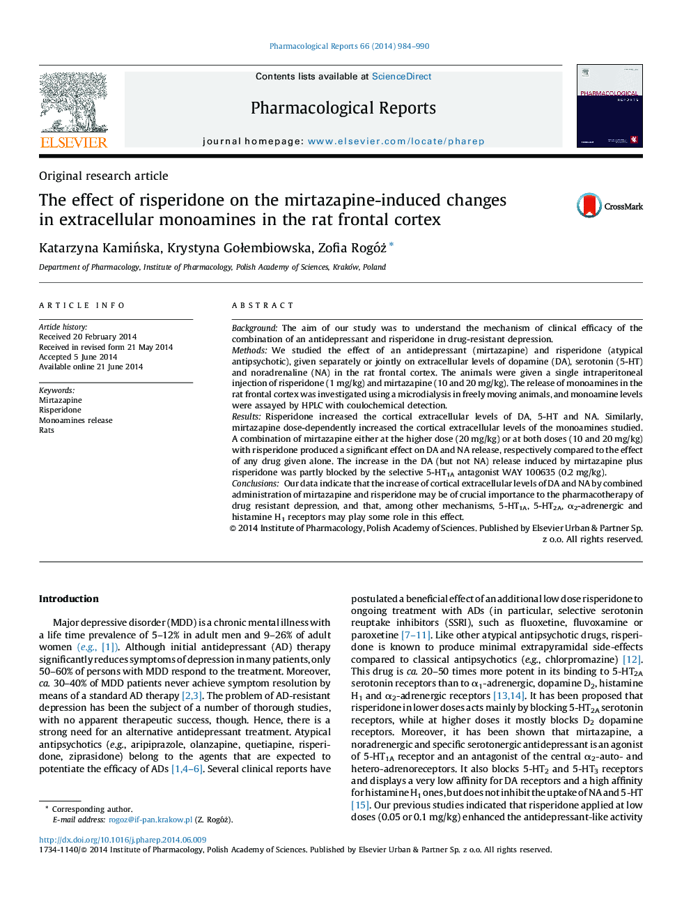 The effect of risperidone on the mirtazapine-induced changes in extracellular monoamines in the rat frontal cortex