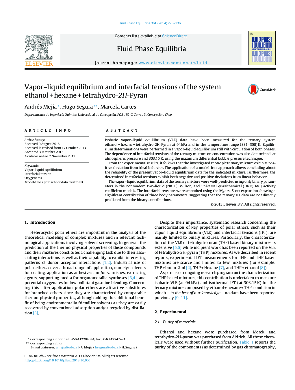 Vapor–liquid equilibrium and interfacial tensions of the system ethanol + hexane + tetrahydro-2H-Pyran