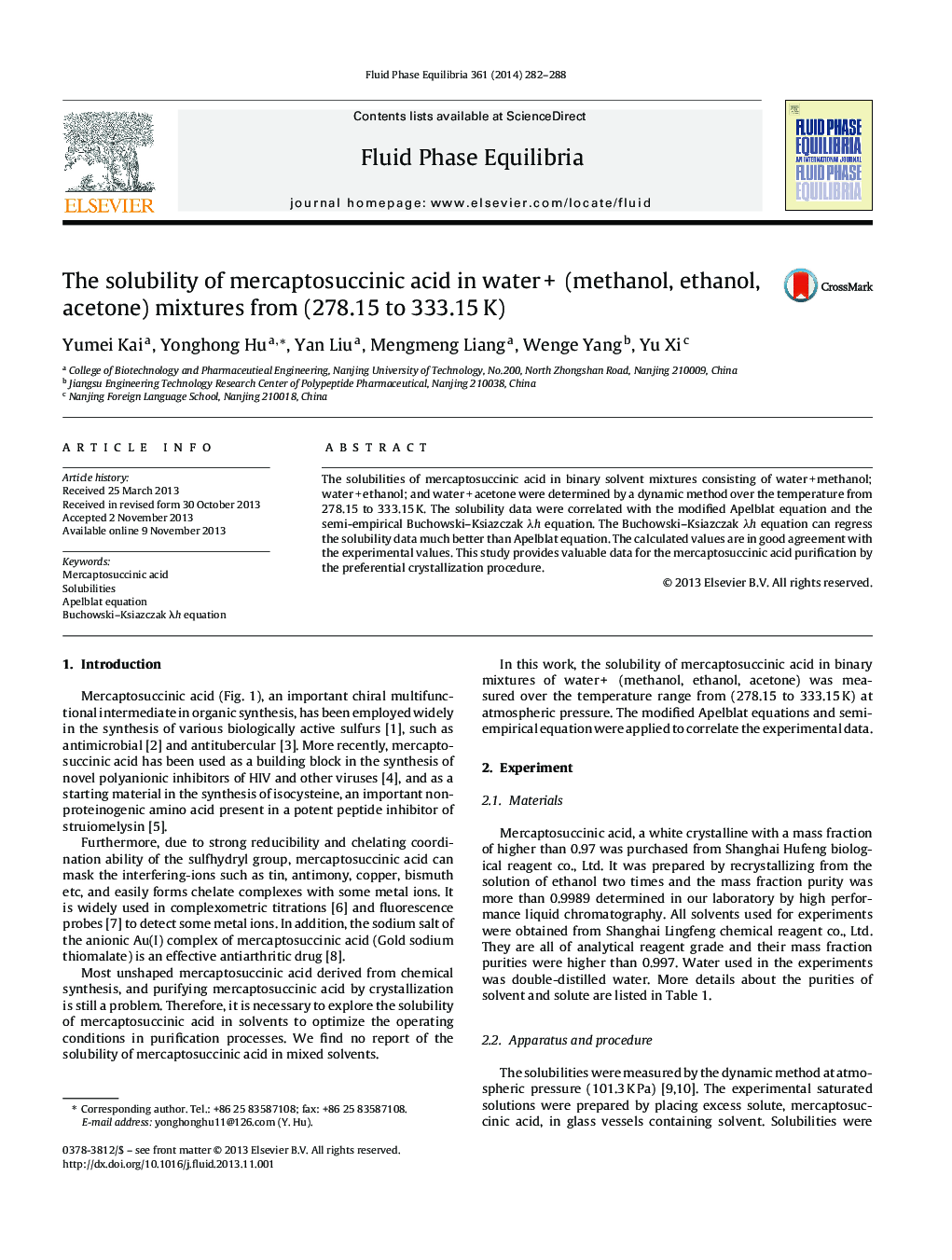 The solubility of mercaptosuccinic acid in water +  (methanol, ethanol, acetone) mixtures from (278.15 to 333.15 K)