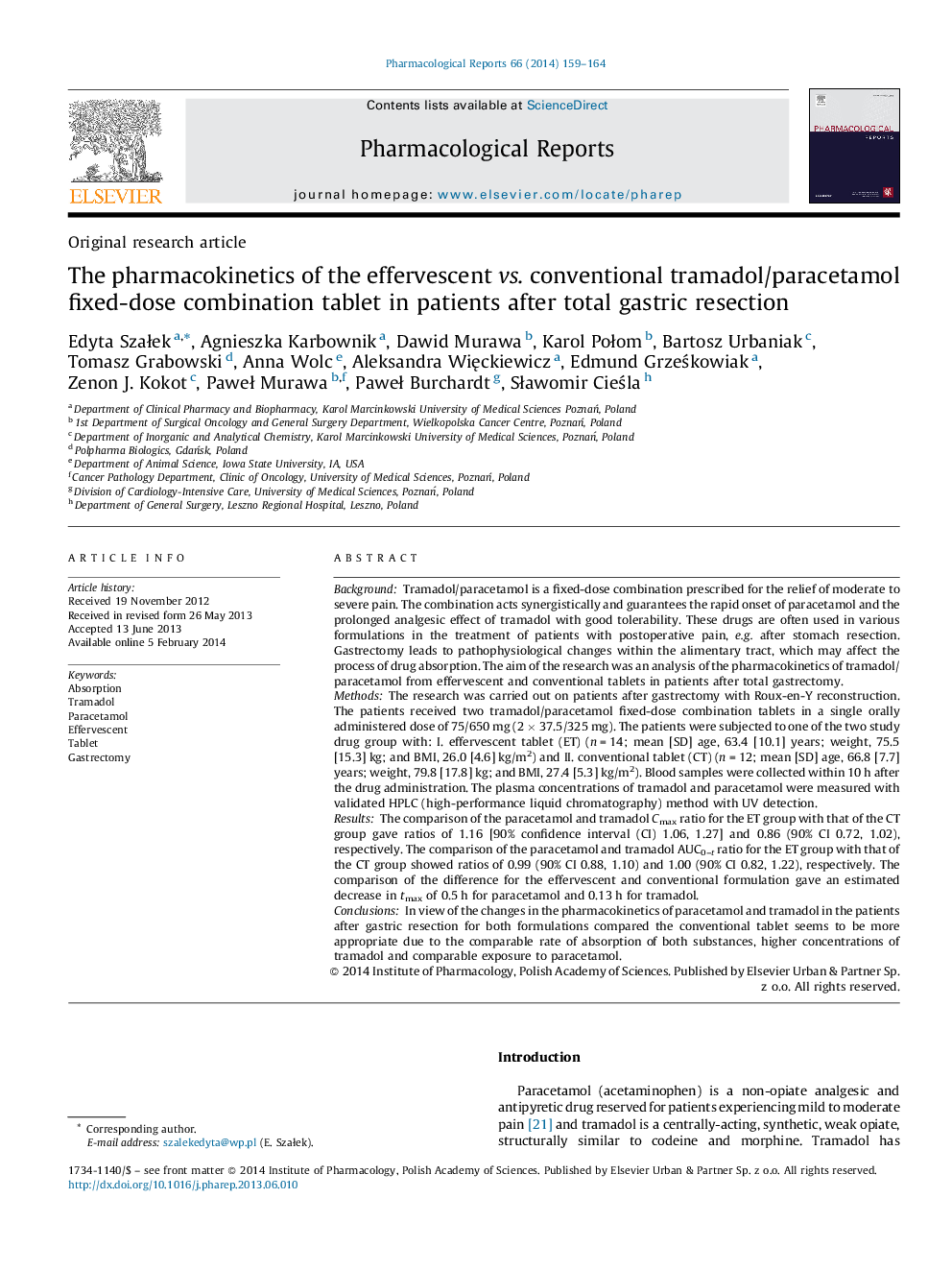 The pharmacokinetics of the effervescent vs. conventional tramadol/paracetamol fixed-dose combination tablet in patients after total gastric resection