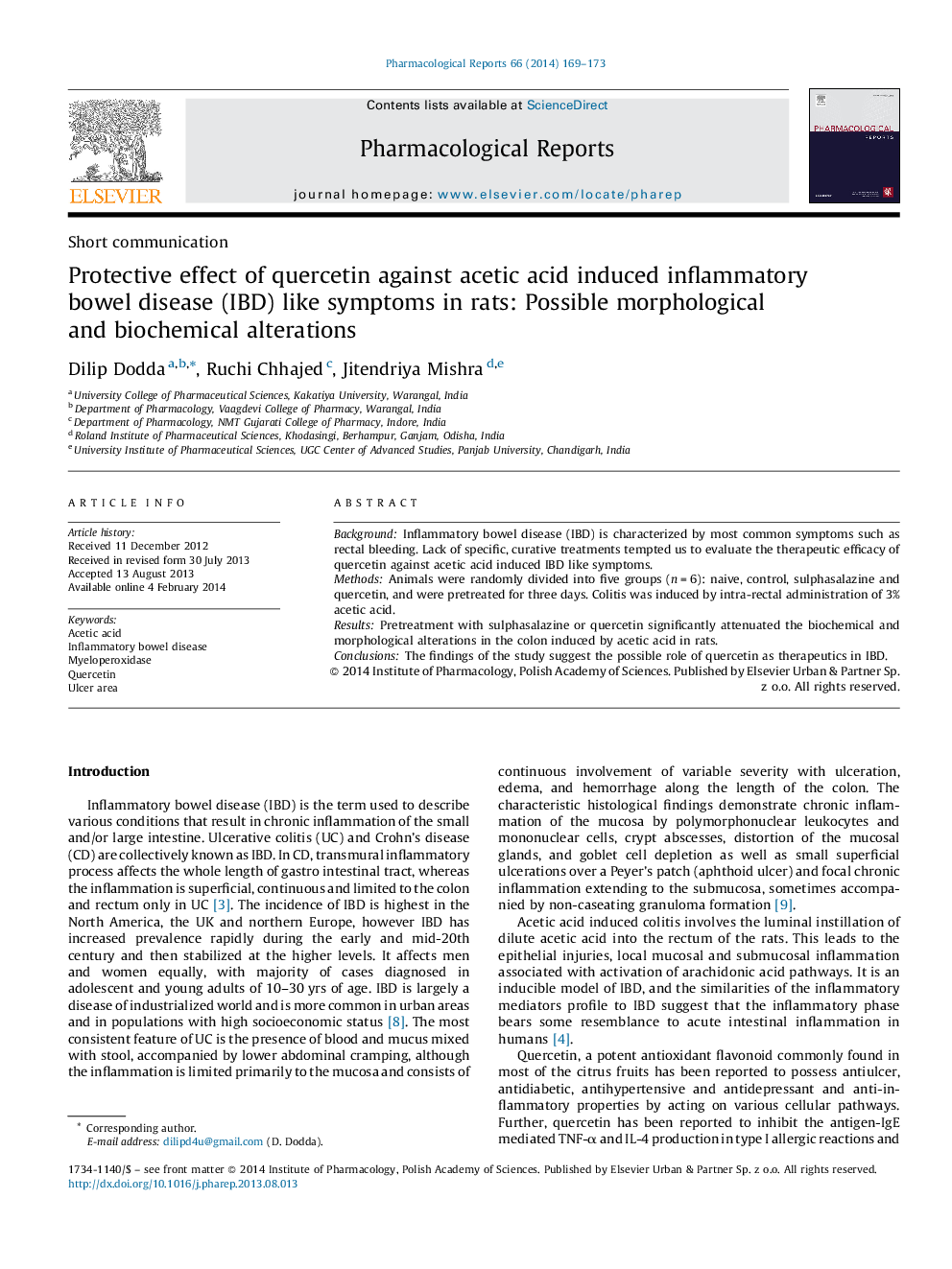 Protective effect of quercetin against acetic acid induced inflammatory bowel disease (IBD) like symptoms in rats: Possible morphological and biochemical alterations