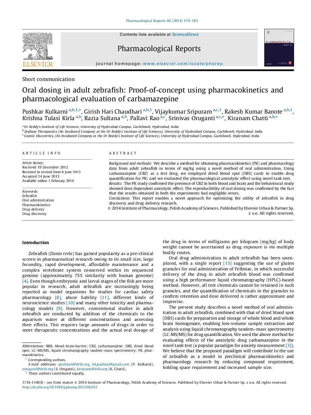 Oral dosing in adult zebrafish: Proof-of-concept using pharmacokinetics and pharmacological evaluation of carbamazepine