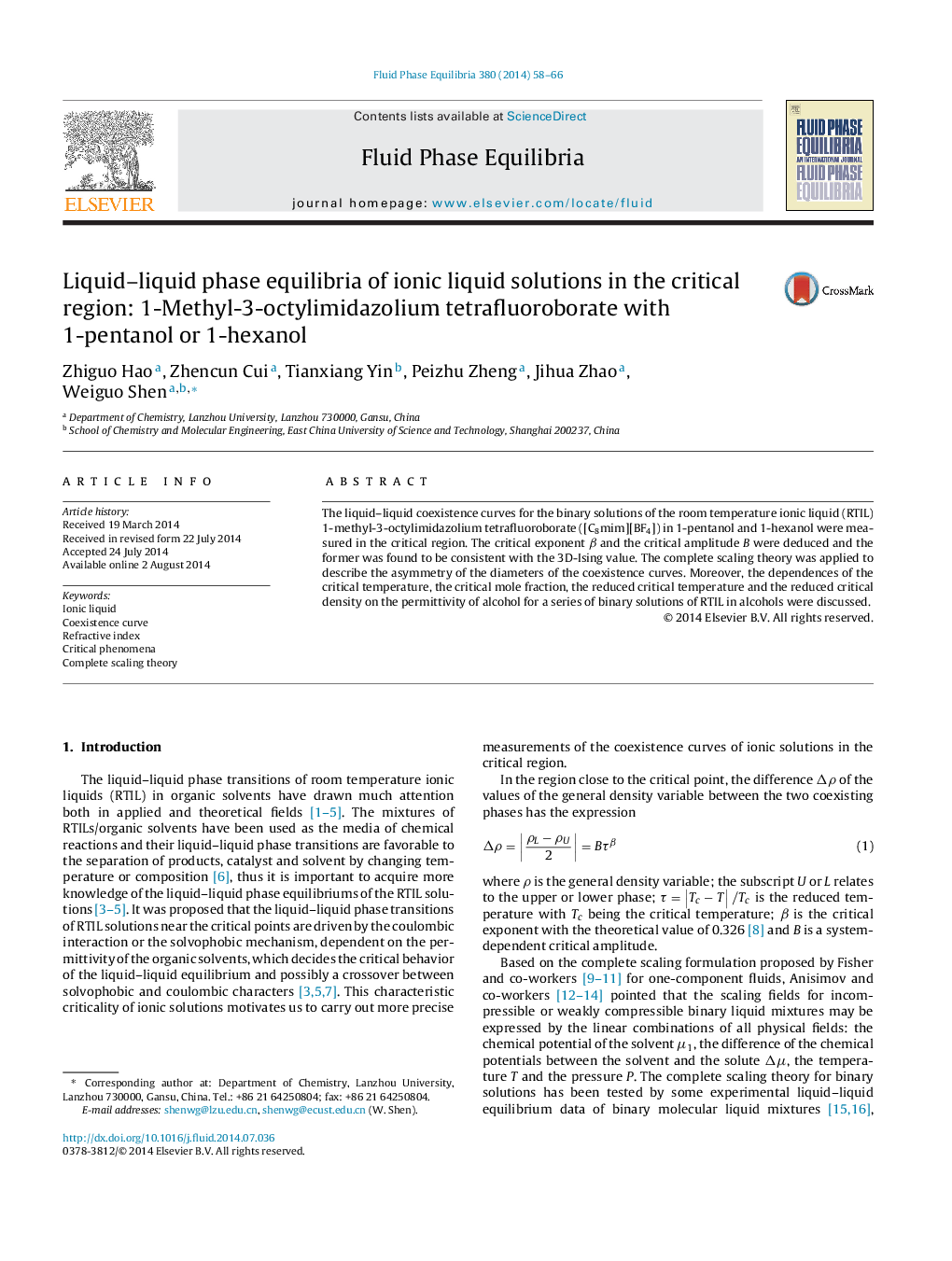 Liquid–liquid phase equilibria of ionic liquid solutions in the critical region: 1-Methyl-3-octylimidazolium tetrafluoroborate with 1-pentanol or 1-hexanol