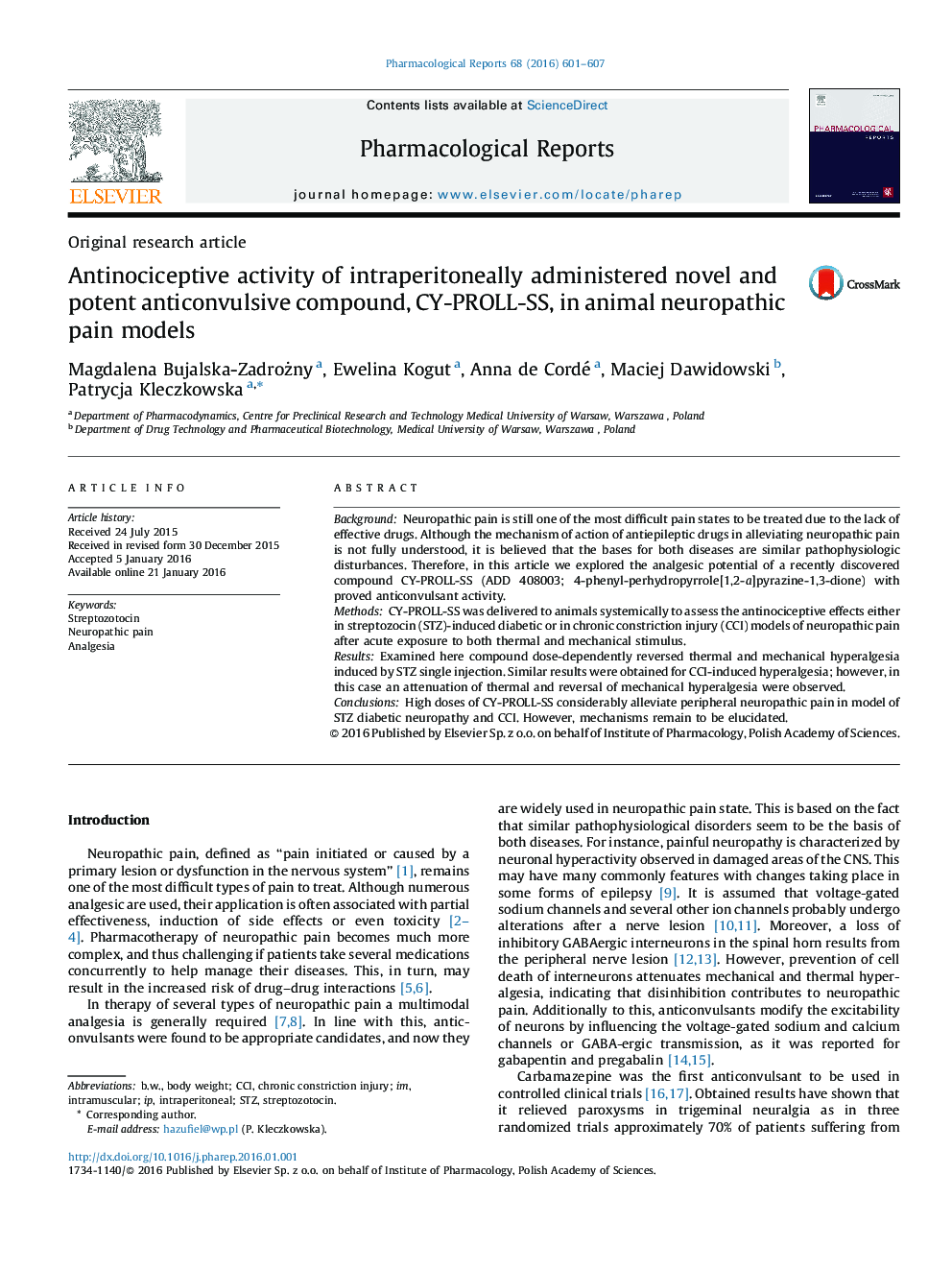 Antinociceptive activity of intraperitoneally administered novel and potent anticonvulsive compound, CY-PROLL-SS, in animal neuropathic pain models