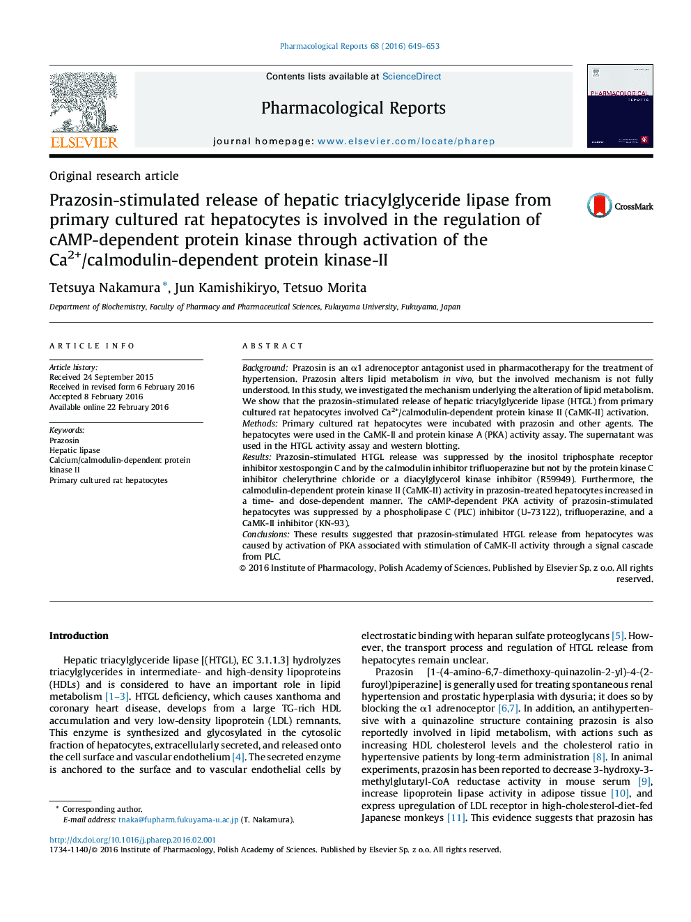 انتشار پرازوسین برانگیخته لیپاز triacylglyceride کبدی از سلول های کبدی موش کشت اولیه درگیر در تنظیم کیناز پروتئین وابسته به cAMP از طریق فعال سازی Ca2 +/کیناز-II پروتئین وابسته به کالمودولین