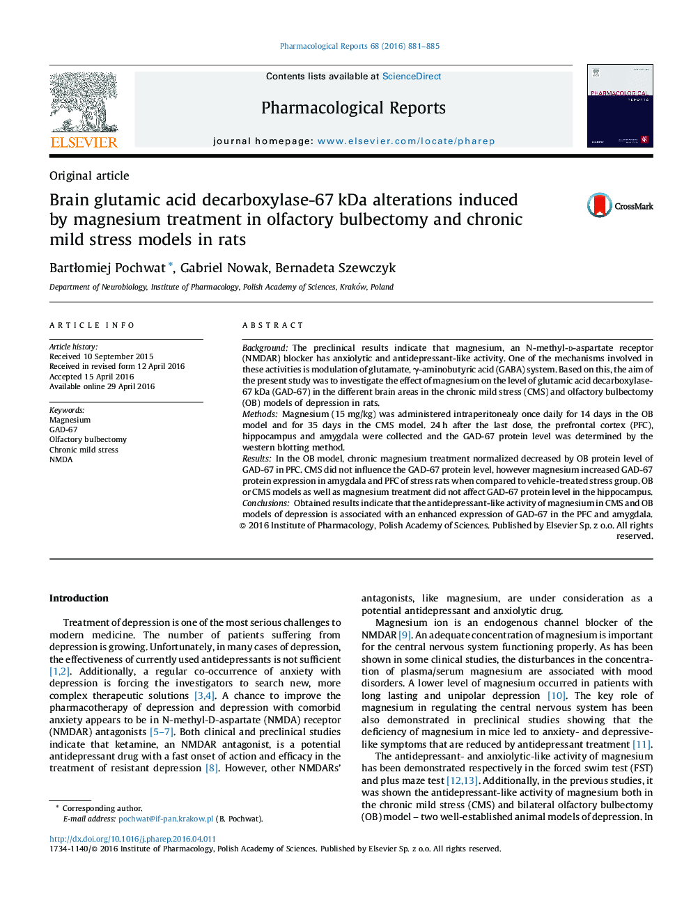 Brain glutamic acid decarboxylase-67Â kDa alterations induced by magnesium treatment in olfactory bulbectomy and chronic mild stress models in rats