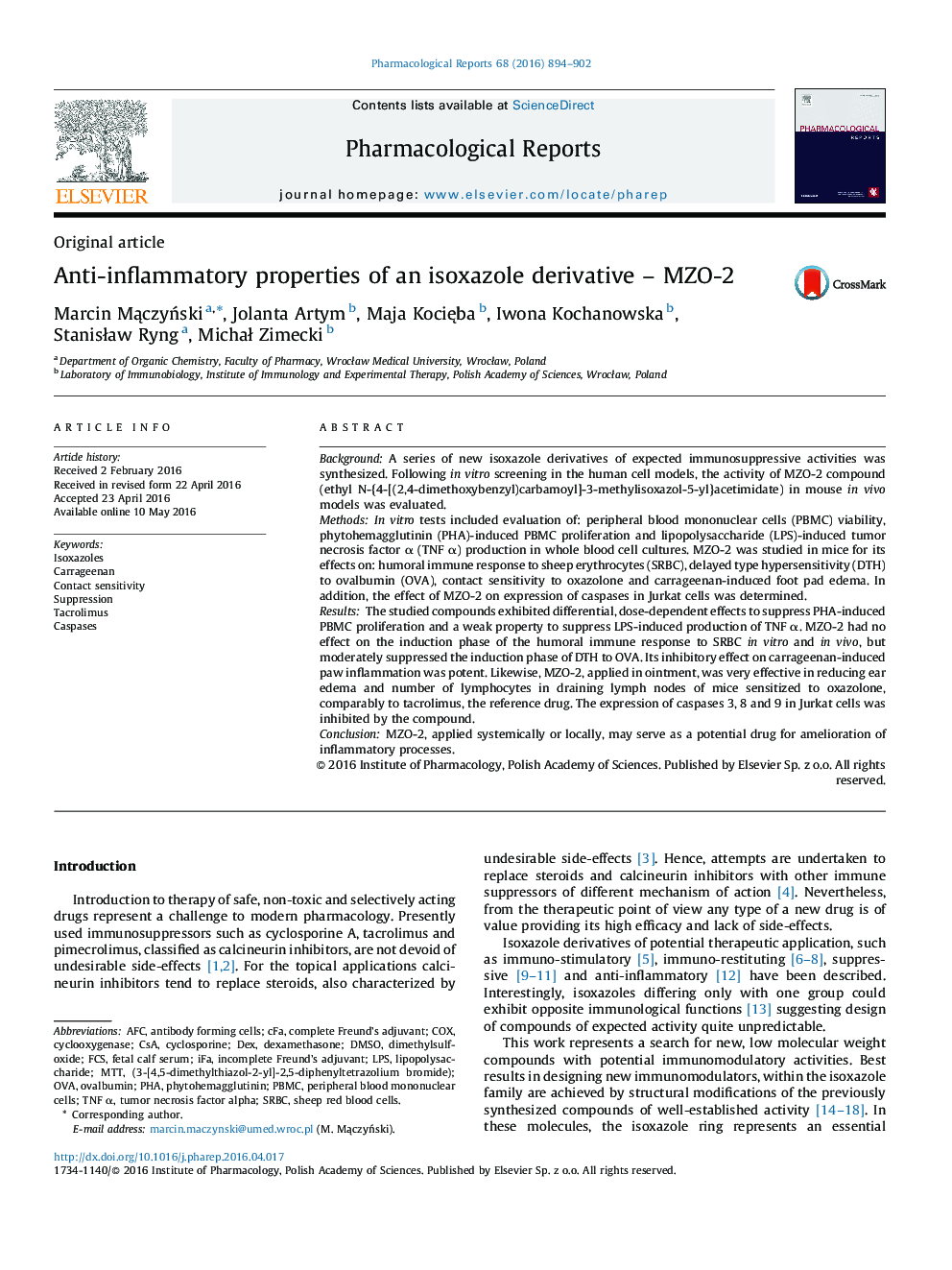 Anti-inflammatory properties of an isoxazole derivative - MZO-2