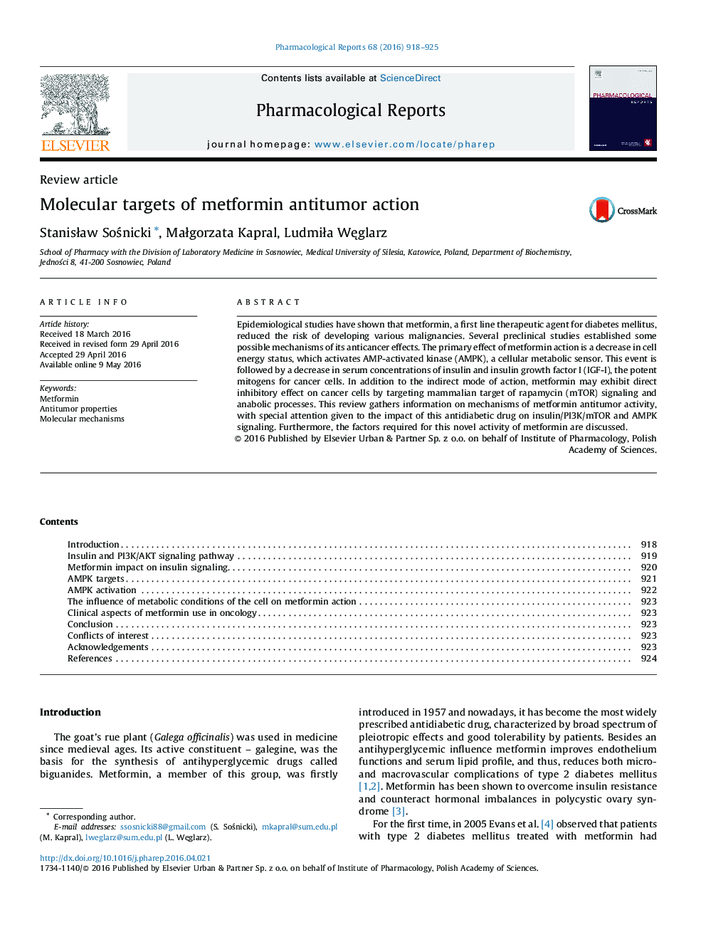 Molecular targets of metformin antitumor action