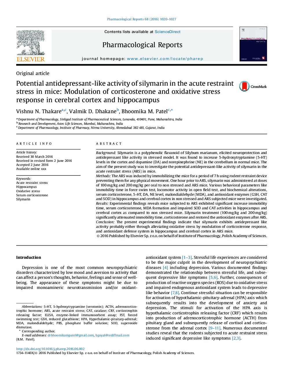 Potential antidepressant-like activity of silymarin in the acute restraint stress in mice: Modulation of corticosterone and oxidative stress response in cerebral cortex and hippocampus