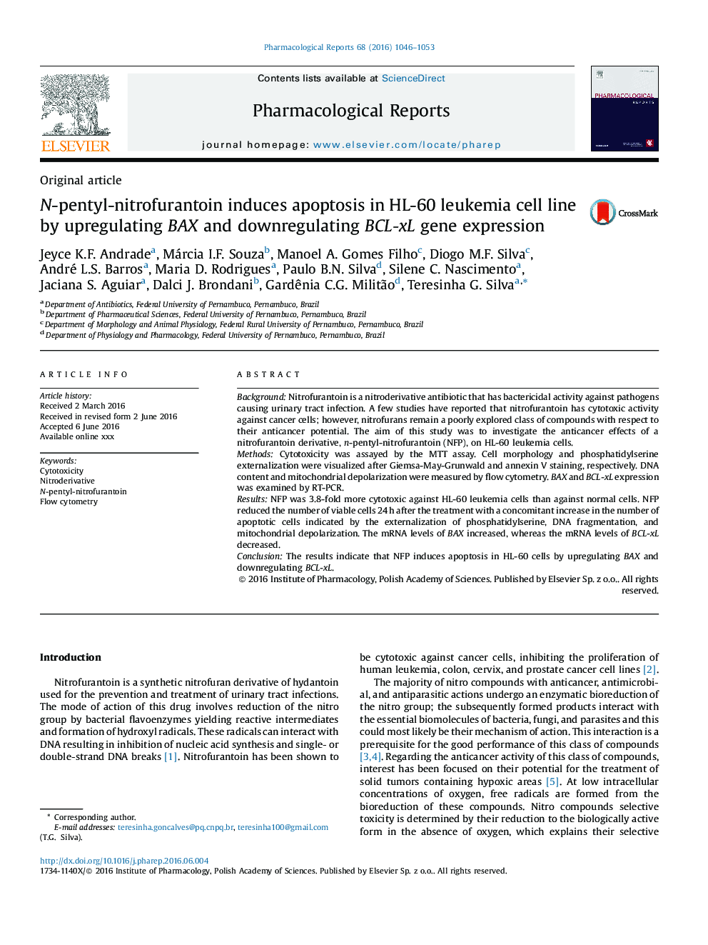 N-pentyl-nitrofurantoin induces apoptosis in HL-60 leukemia cell line by upregulating BAX and downregulating BCL-xL gene expression