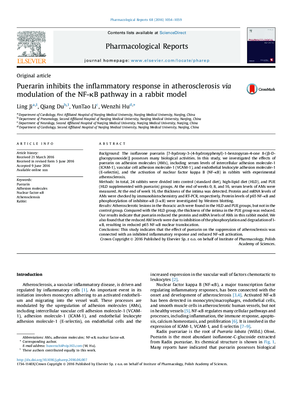 Puerarin inhibits the inflammatory response in atherosclerosis via modulation of the NF-κB pathway in a rabbit model