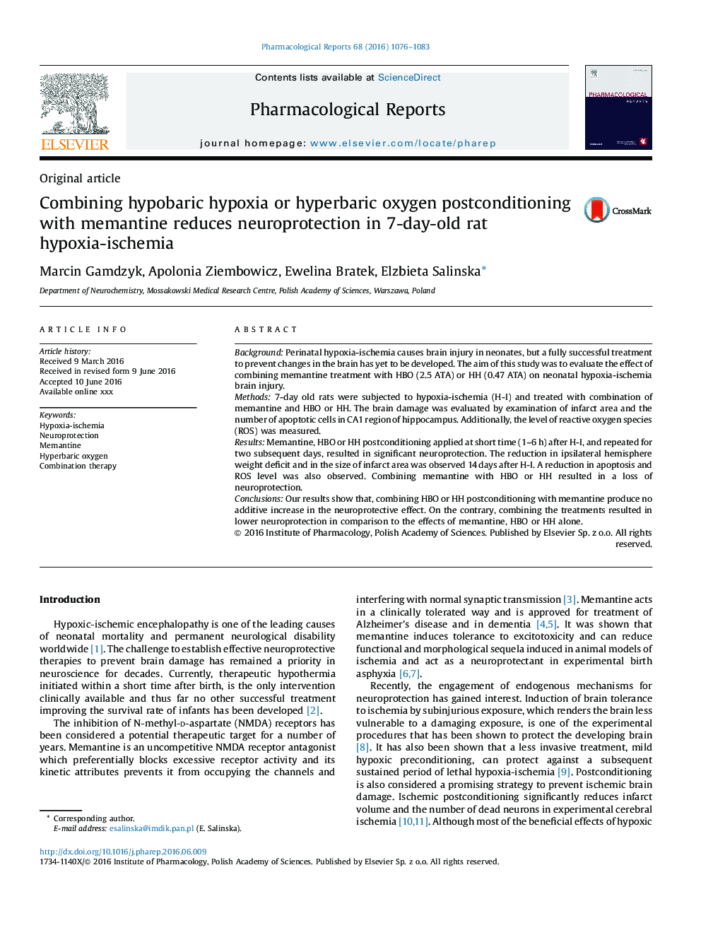 Combining hypobaric hypoxia or hyperbaric oxygen postconditioning with memantine reduces neuroprotection in 7-day-old rat hypoxia-ischemia