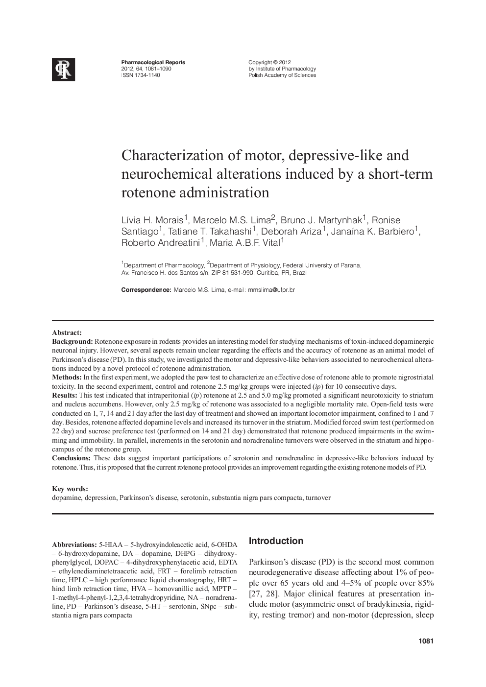 عکس صفحه اول مقاله: Characterization of motor, depressive-like and neurochemical alterations induced by a short-term rotenone administration Characterization of motor, depressive-like and neurochemical alterations induced by a short-term rotenone administration