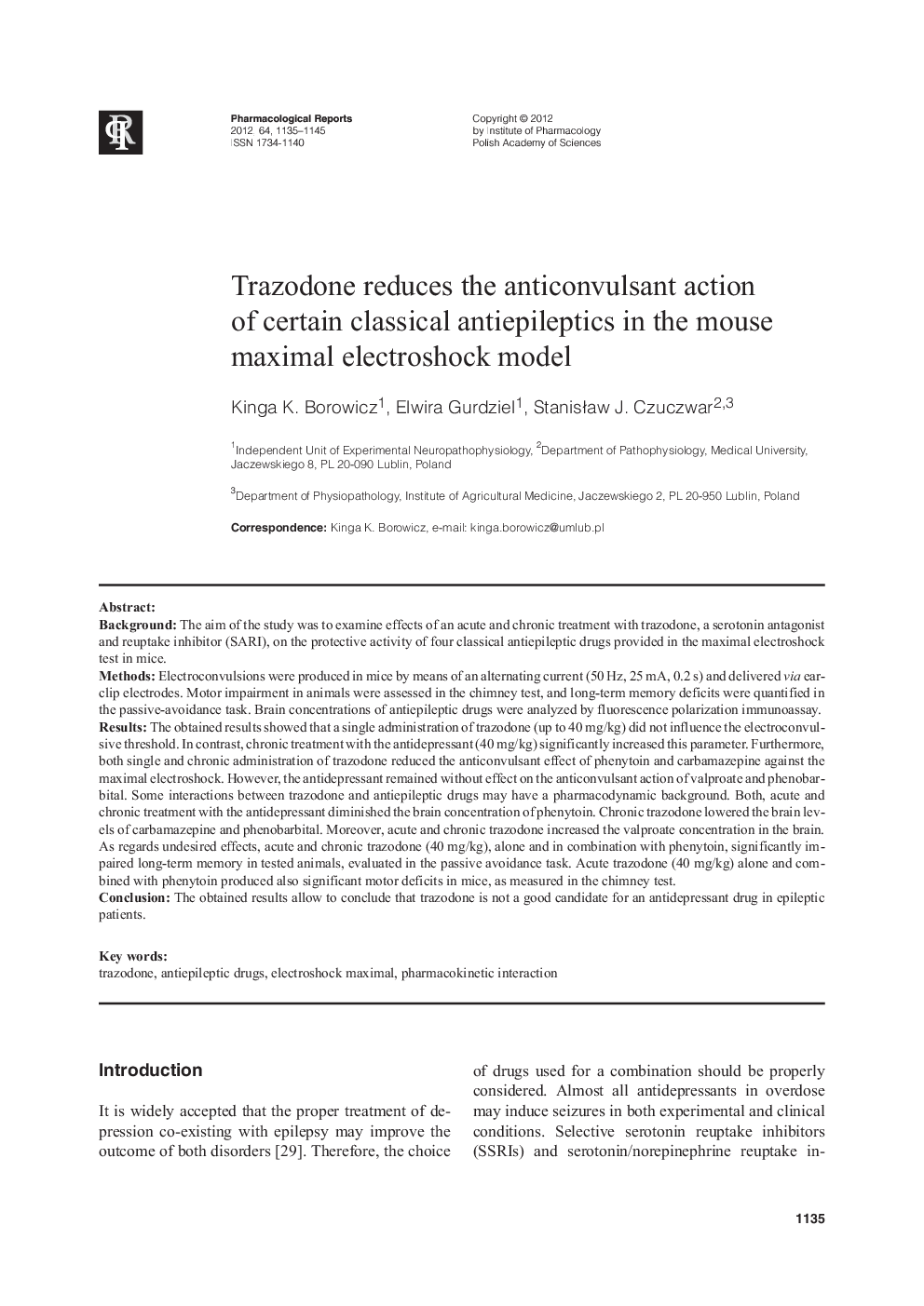 Trazodone reduces the anticonvulsant action of certain classical antiepileptics in the mouse maximal electroshock model