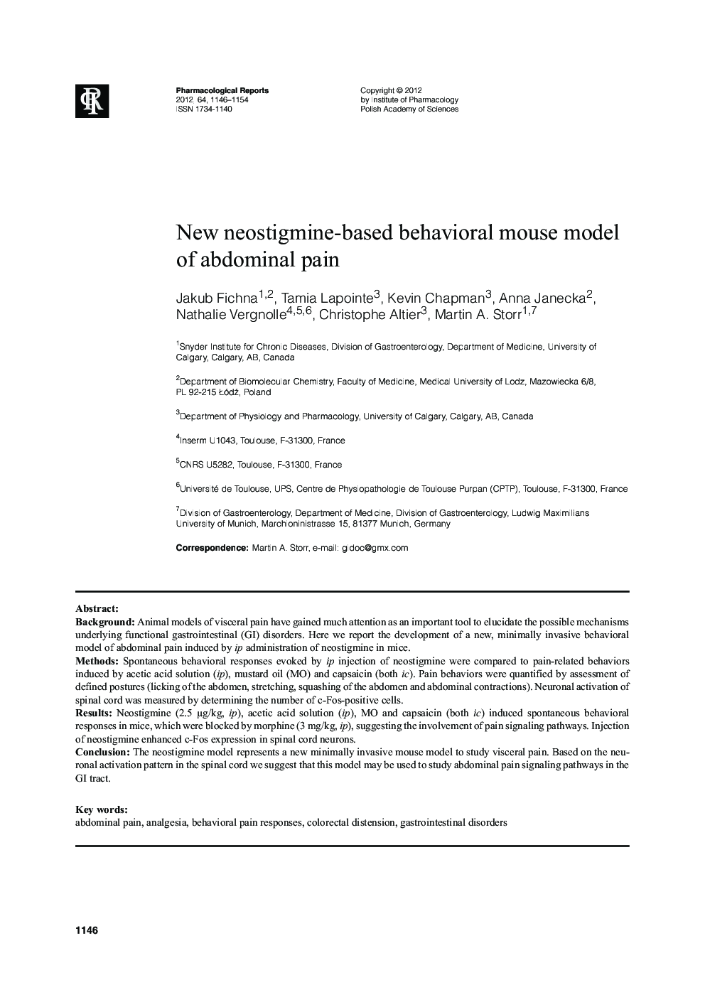 New neostigmine-based behavioral mouse model of abdominal pain