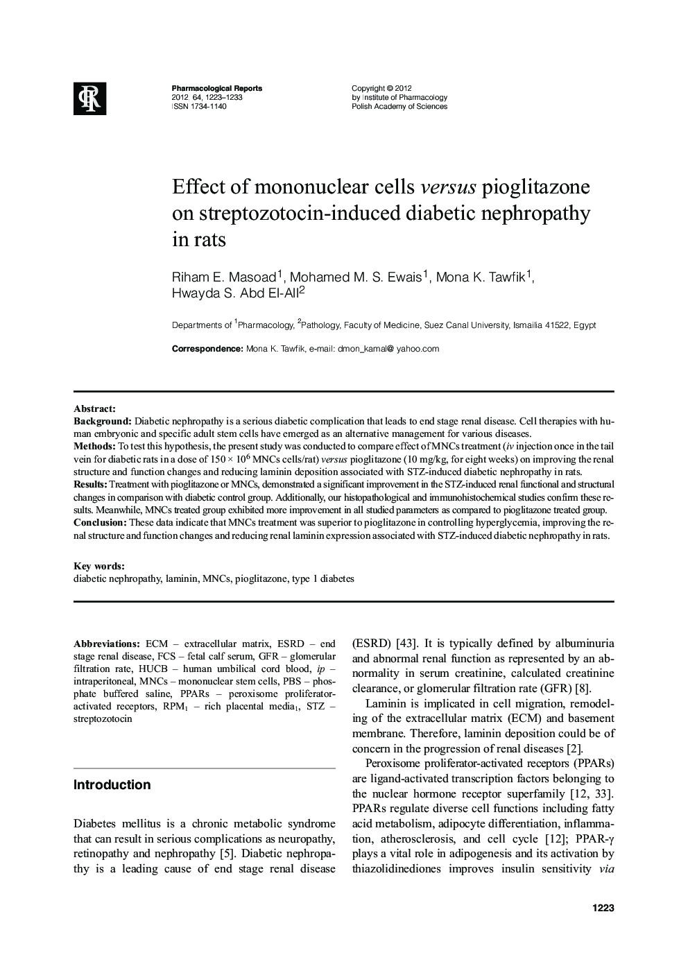 Effect of mononuclear cells versus pioglitazone on streptozotocin-induced diabetic nephropathy in rats