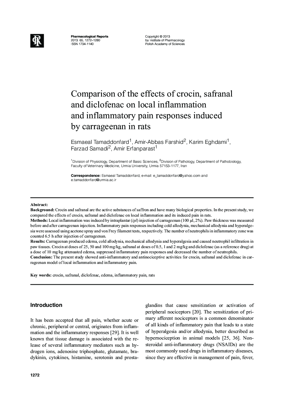 Comparison of the effects of crocin, safranal and diclofenac on local inflammation and inflammatory pain responses induced by carrageenan in rats