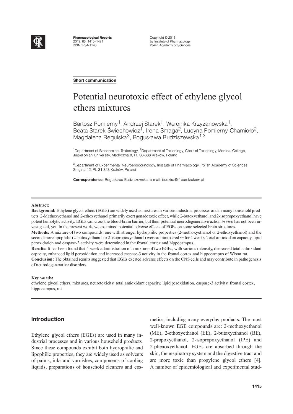 Potential neurotoxic effect of ethylene glycol ethers mixtures