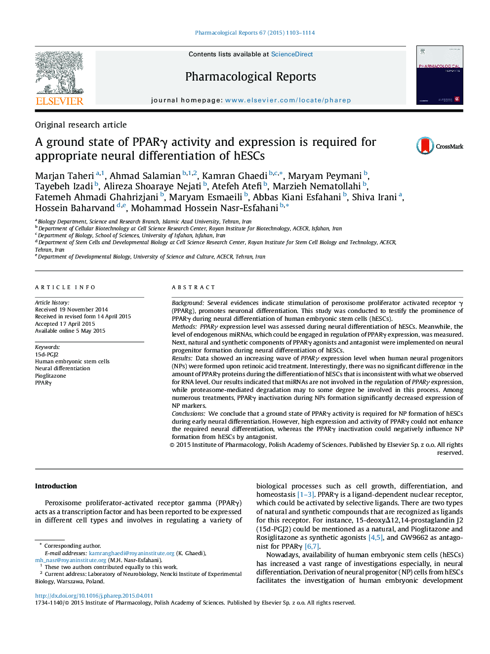 A ground state of PPARγ activity and expression is required for appropriate neural differentiation of hESCs