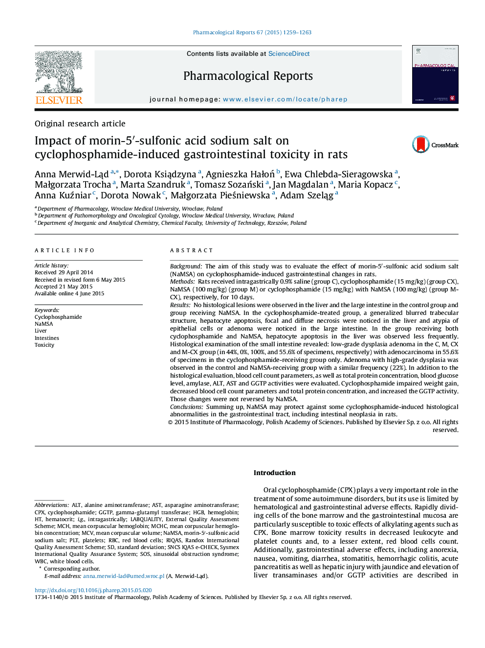 Impact of morin-5′-sulfonic acid sodium salt on cyclophosphamide-induced gastrointestinal toxicity in rats