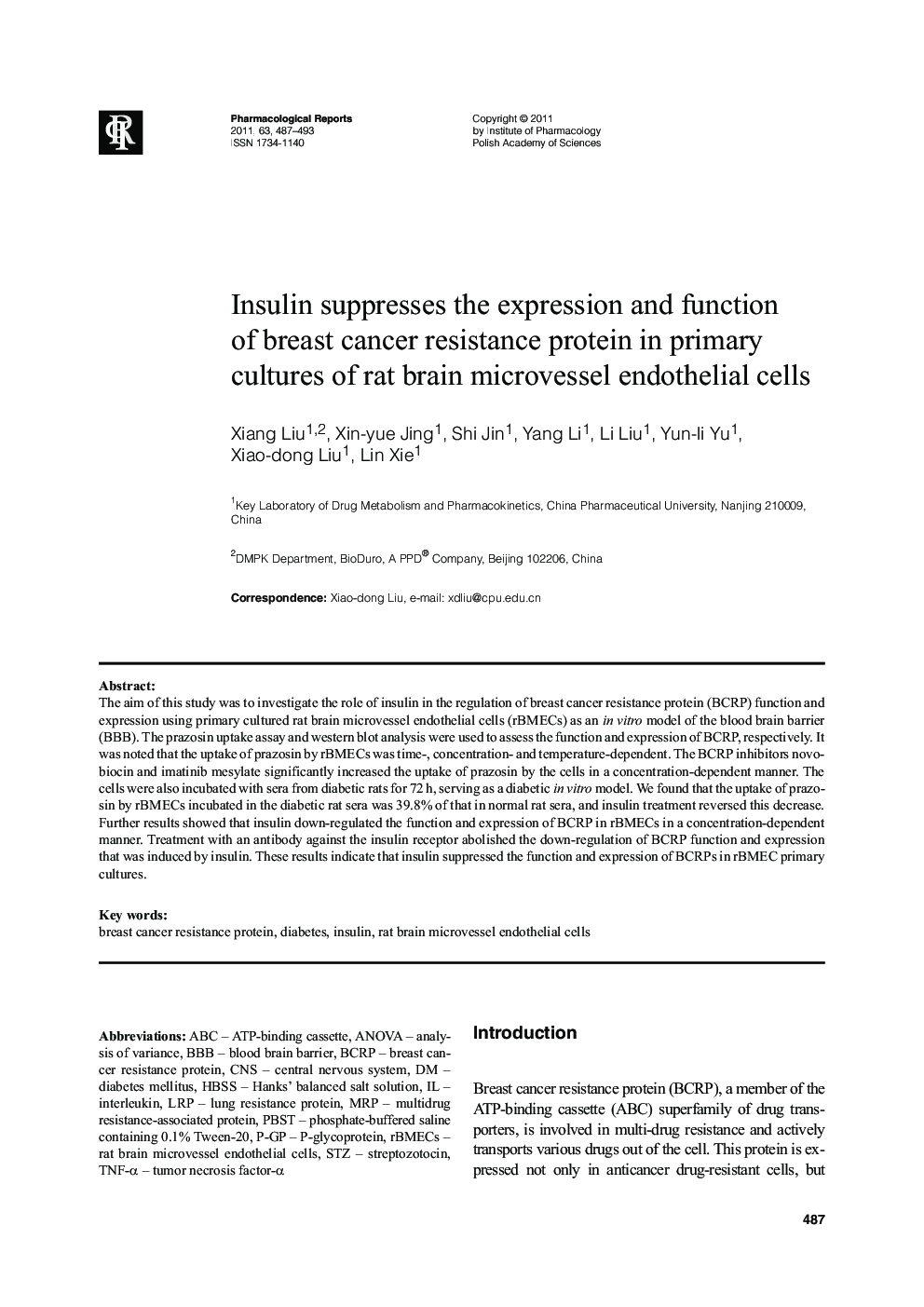 Insulin suppresses the expression and function of breast cancer resistance protein in primary cultures of rat brain microvessel endothelial cells