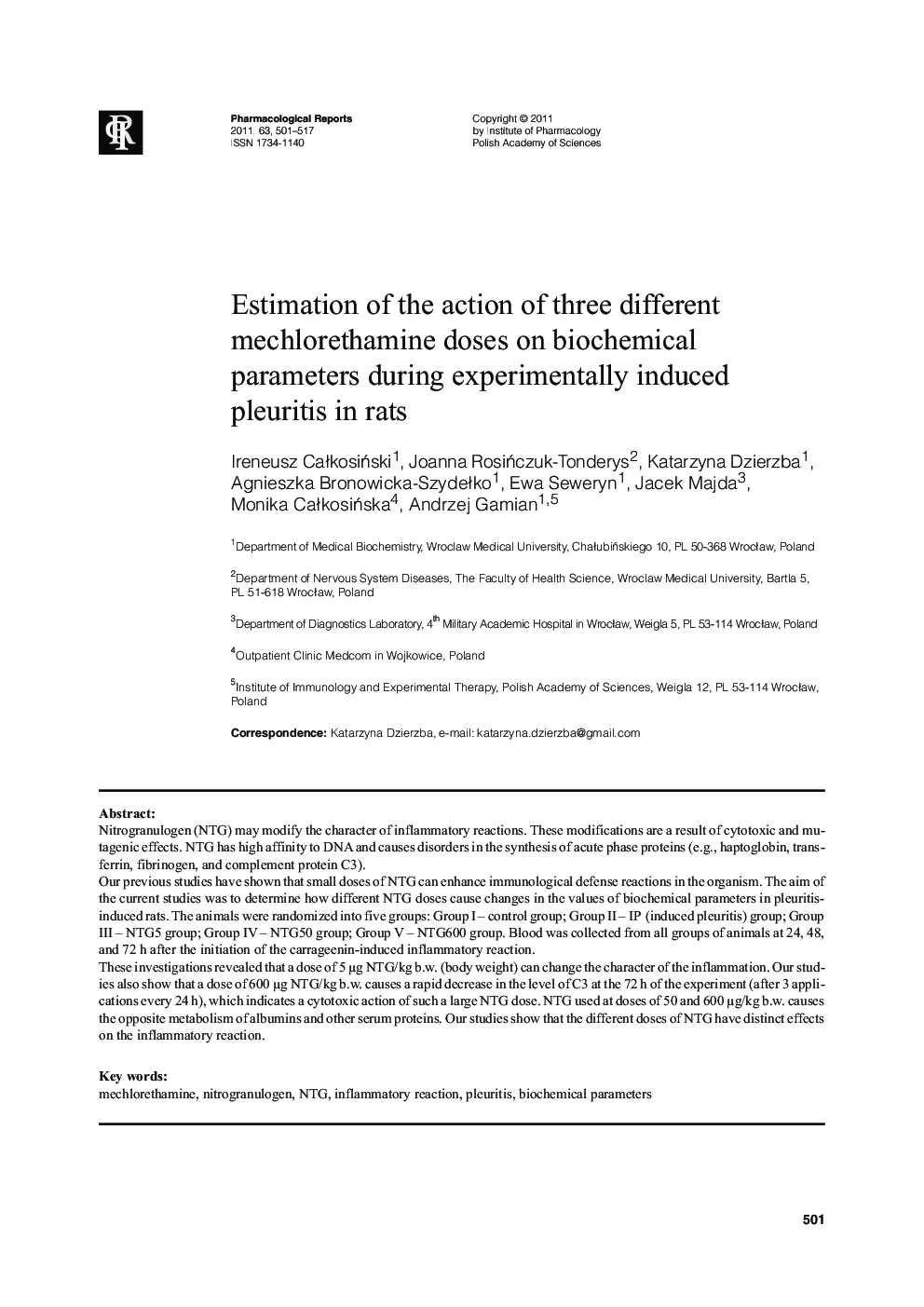 عکس صفحه اول مقاله: Estimation of the action of three different mechlorethamine doses on biochemical parameters during experimentally induced pleuritis in rats Estimation of the action of three different mechlorethamine doses on biochemical parameters during experimentally induced pleuritis in rats