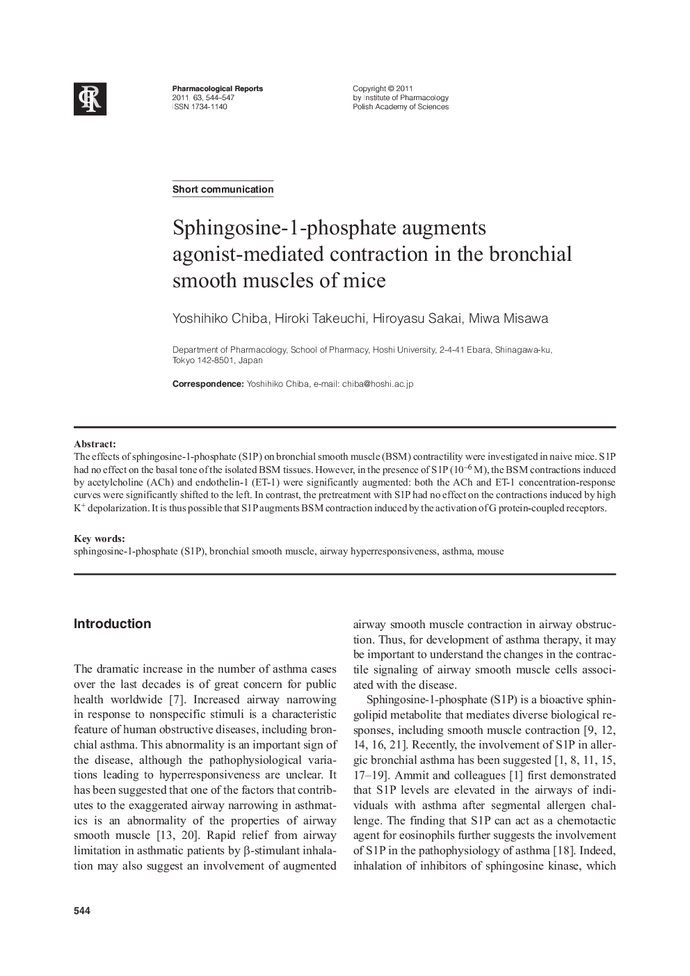 Sphingosine-1-phosphate augments agonist-mediated contraction in the bronchial smooth muscles of mice